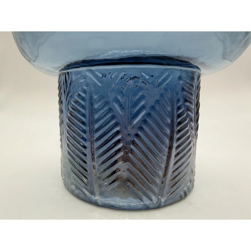 Contemporary MCM Blue Glass Vase Brass Rim Bubble Shape Fern Leaf Textured 8